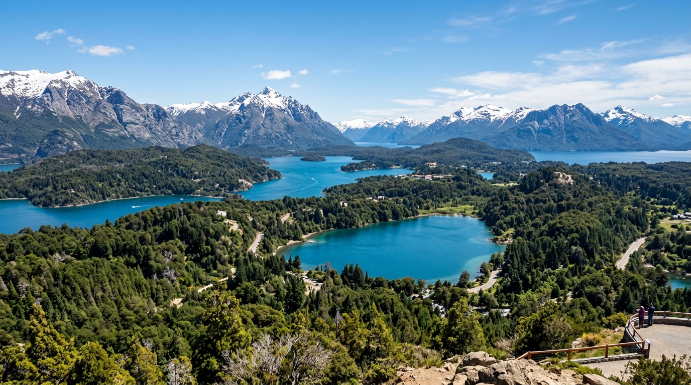 Panorâmica dos lagos Nahuel Huapi e Moreno com a Cordilheira dos Andes ao fundo no clássico Circuito Chico.