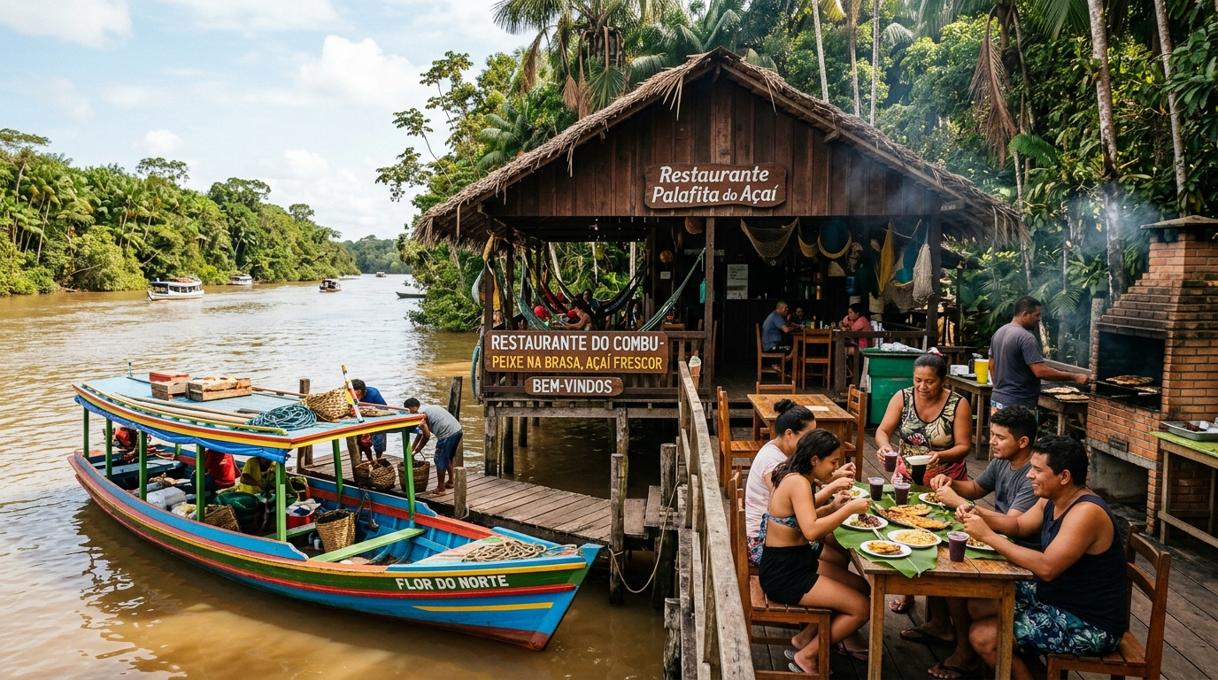 Restaurantes rústicos sobre palafitas e travessia de barco na Ilha de Combu