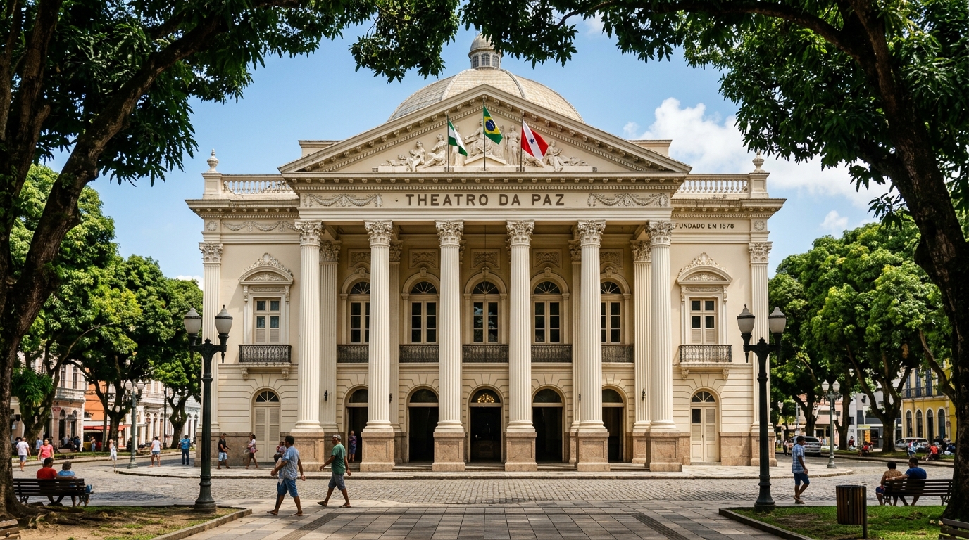 A imponente fachada neoclássica do Theatro da Paz na Praça da República em Belém