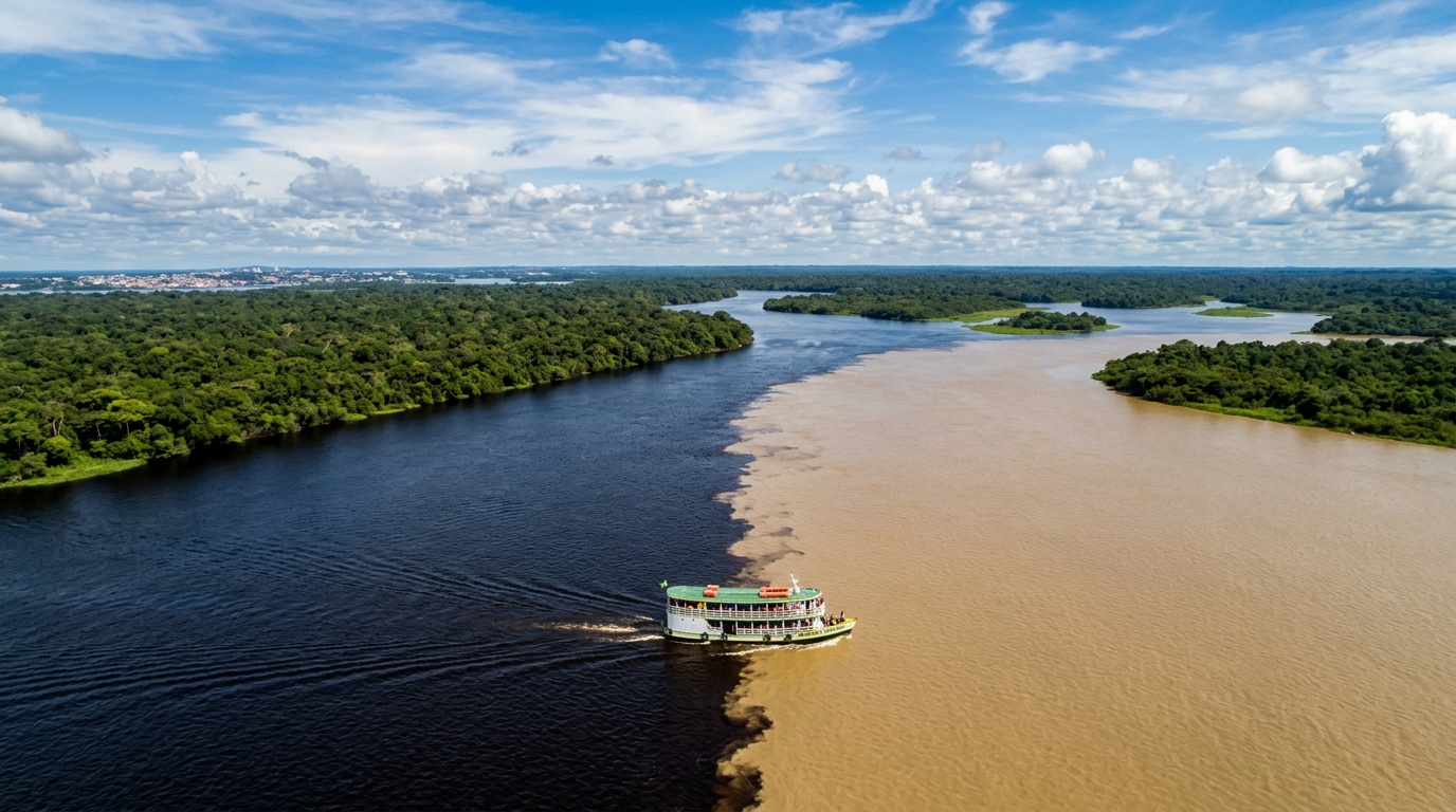 O espetáculo do Encontro das Águas dos Rios Negro e Solimões navegando próximo a Manaus