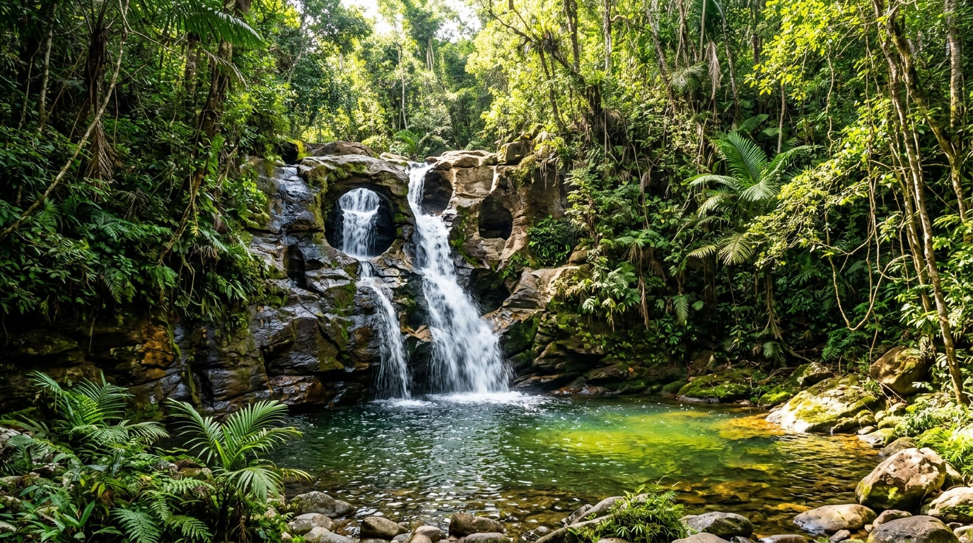 As quedas d'água cristalinas da Cachoeira da Pedra Furada em Presidente Figueiredo